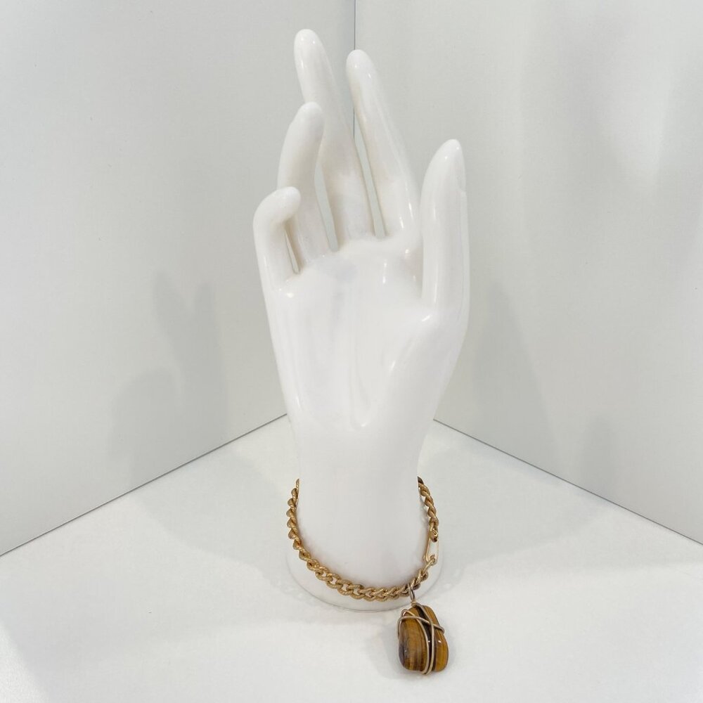 Tigers Eye Pendant On Gold-Tone Chain Bracelet natural stone 70s Boho Gypsy